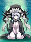  black_gloves blue_eyes blush boots breasts cape gloves glowing glowing_eyes hat inue_shinsuke kantai_collection large_breasts naked_cape navel nipples pale_skin parted_lips shinkaisei-kan short_hair silver_hair sitting solo v_arms wariza wo-class_aircraft_carrier 