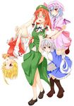  ankle_socks apron arm_around_waist arm_grab arms_up ascot bat_wings blonde_hair bloomers blue_eyes blue_hair blush boots bow braid breast_squeeze breasts facing_away flandre_scarlet green_eyes hair_bow hanging hat hong_meiling izayoi_sakuya long_hair looking_at_viewer maid_headdress medium_breasts mob_cap mouth_pull multiple_girls open_mouth red_eyes red_hair remilia_scarlet short_hair short_sleeves silver_hair simple_background skirt skirt_set squatting star totororo touhou triangle_mouth twin_braids underwear upside-down waist_apron white_background wings 