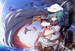  ammunition_belt backpack bag blue_eyes cannon cape eyepatch flat_cap gloves green_hair hat highres kantai_collection kiso_(kantai_collection) machinery ocean open_mouth pleated_skirt remodel_(kantai_collection) school_uniform serafuku short_hair skirt solo splashing sword turret wading wakagi_repa water weapon white_skirt 