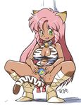  :3 aku_tojyo animal_ears artist_name bell bell_collar breasts cat_ears cat_tail censored cleavage collar dark_skin dragon_pink drill_hair fang full_body green_eyes large_breasts long_hair navel novelty_censor open_mouth pink_(dragon_pink) pink_hair pussy ribbon signature smile solo spread_pussy sweat tail tail_ribbon treasure_mark_censor 