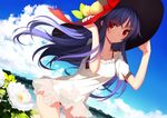  alternate_costume beach bikini black_bikini blue_hair blush cloud collarbone day dress eyebrows_visible_through_hair flower food fruit hands_on_headwear hat hat_tug hinanawi_tenshi long_hair looking_at_viewer outdoors peach red_eyes see-through short_sleeves sky smile solo suisai sun_hat swimsuit touhou wind 