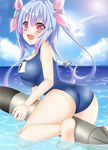 ass bad_id bad_pixiv_id blue_hair breasts floating hair_ribbon hasu_(velicia) highres i-19_(kantai_collection) kantai_collection large_breasts long_hair looking_back name_tag ocean one-piece_swimsuit open_mouth red_eyes ribbon school_swimsuit smile solo star star-shaped_pupils sun sunlight swimsuit symbol-shaped_pupils torpedo twintails 