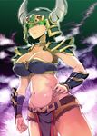  belly black_hair blush bra breasts character_request cleavage earrings erect_sawaru glowing glowing_eyes green_eyes helmet horns huge_breasts jewelry kouryuu_densetsu_villgust short_hair solo underwear 