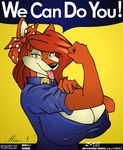  2011 anthro awesome_face big_breasts big_nipples bow breasts canine cleavage clothed clothing english_text female fox huge_breasts humor mammal meme nipple_bumps nipples plain_background rosie_the_riveter side_boob solo text tongue watermark wolfjedisamuel yellow_background 