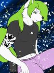  anthro blue_eyes boxers canine fur green_hair hair long_hair looking_at_viewer male mammal necklace pink_boxers sitting solo tattoo underwear voshiket white_fur wolf 