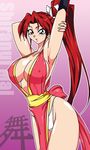  1girl absurdres armpits arms_up breasts brown_eyes brown_hair curvy erect_nipples fan fatal_fury female folding_fan francesco_simioni hair_ornament hair_ribbon highleg highleg_panties highres king_of_fighters long_hair long_ponytail no_bra panties ponytail red_hair ribbon shiranui_mai sideboob snk solo standing underwear very_long_hair wandar-wanda white_panties 