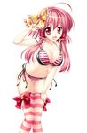  :d ahoge bikini black_bikini bow breasts cleavage fang hair_bow hair_tubes halterneck highres kamiya_tomoe large_breasts layered_bikini leaning_forward long_hair looking_at_viewer navel open_mouth original pink_bikini pink_eyes pink_hair pink_legwear shiny shiny_skin side-tie_bikini simple_background skindentation smile solo striped striped_bikini striped_legwear swimsuit thigh_gap thighhighs v white_background 