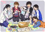  ^_^ ball black_hair brown_hair closed_eyes dress_shirt food highres hood hooded_jacket indian_style jacket kamen_rider kamen_rider_gaim_(series) kazuraba_kouta kumon_kaito kureshima_mitsuzane kureshima_takatora labcoat long_hair mansu multicolored_hair multiple_girls onigiri open_mouth ponytail seiza sengoku_ryouma shirt sitting smile soccer_ball streaked_hair white_hair 