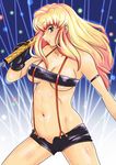  bandeau blonde_hair blue_eyes breasts large_breasts long_hair macross macross_frontier microphone sheryl_nome shiny shiny_skin short_shorts shorts shu-z solo strapless tubetop underboob 