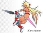  armpits ass ayumi_(x-blades) blonde_hair blue_eyes elbow_gloves g-room_honten gloves hands long_hair open_mouth panties solo sword thong tri_tails twintails underwear very_long_hair weapon x-blades 