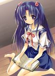  barefoot book bow clannad hair_bobbles hair_ornament hikarizaka_private_high_school_uniform ichinose_kotomi long_hair open_book paco purple_eyes purple_hair school_uniform serafuku sitting solo two_side_up wariza 