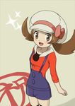  bad_id bad_pixiv_id bow brown_eyes brown_hair cabbie_hat hat hat_ribbon hood hoodie kotone_(pokemon) luv overalls pokemon pokemon_(game) pokemon_hgss red_ribbon ribbon short_twintails smile solo sparkle thighhighs twintails 