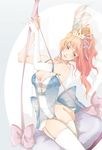  blonde_hair blue_eyes breasts cleavage crown earrings feathers frills gloves hands heerin jewelry large_breasts lipstick long_hair macross macross_frontier makeup ponytail ribbon sheryl_nome single_earring single_glove solo thighhighs tiara white_legwear 