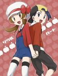  1girl alternate_costume back-to-back backwards_hat bad_id bad_pixiv_id bow brown_eyes brown_hair cabbie_hat flat_chest gold_(pokemon) hat hat_ribbon holding_hands koma_yoichi kotone_(pokemon) overalls pokemon pokemon_(game) pokemon_hgss red_ribbon ribbon short_twintails smile thighhighs translated twintails white_legwear 