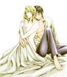  1girl 281_(yo) afterglow bad_id bad_pixiv_id barefoot bed_sheet black_hair blonde_hair clothed_male_nude_female couple error fullmetal_alchemist hair_down hetero long_hair naked_sheet nude quality riza_hawkeye roy_mustang 