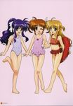  absurdres arisa_bannings barefoot bikini blonde_hair blue_eyes child feet flat_chest green_eyes hair_ribbon highres innertube lyrical_nanoha mahou_shoujo_lyrical_nanoha multiple_girls okuda_yasuhiro one_eye_closed ponytail purple_eyes purple_hair red_hair ribbon swimsuit takamachi_nanoha tsukimura_suzuka twintails 