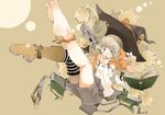  asymmetrical_clothes barefoot book boots braid densou_(kinnikuhunter) feet flat_chest hair_over_shoulder hat original shoes single_shoe single_thighhigh soles solo thighhighs toes twin_braids witch_hat 