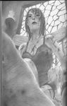  angry bdsm blood breasts chair cleavage cuts highres hiroaki_samura injury monochrome pencil realistic shackle shackles window 