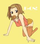  all_fours bare_shoulders breasts brown_eyes brown_hair copyright_name fish food food_in_mouth full_body hairband k-on! kikumaru_bunta large_breasts looking_at_viewer mouth_hold no_shoes orange_legwear shirt short_hair short_shorts shorts simple_background sleeveless sleeveless_shirt solo tainaka_ritsu taiyaki thighhighs wagashi yellow_background yellow_hairband 