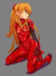  arms_behind_back bad_id bad_pixiv_id bangs blue_eyes bodysuit bracer breasts from_side gloves grey_background hair_between_eyes hair_over_shoulder headgear hips legs_apart long_hair looking_away looking_to_the_side neon_genesis_evangelion orange_hair parted_lips pilot_suit plugsuit red_bodysuit saba_(sabe) shadow shiny shiny_clothes simple_background small_breasts solo souryuu_asuka_langley turtleneck very_long_hair 