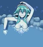  aqua_hair armpits asakawa_remon breasts cleavage closed_eyes elf green_hair happy large_breasts long_hair night onsen original pale_skin partially_submerged pointy_ears remona-san sidelocks smile solo towel towel_on_head water wet 