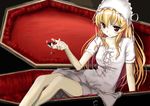  alcohol blonde_hair blood coffin cupping_glass drink fortune_arterial glass hands headdress long_hair mocha_(snowflake) red_eyes sendou_erika solo vampire wine 