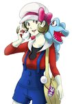  bag bow brown_hair cabbie_hat cellphone cowboy_shot gen_2_pokemon handbag hat hat_ribbon holding holding_poke_ball kotone_(pokemon) kuro_tou overalls phone poke_ball poke_ball_(generic) pokegear pokemon pokemon_(creature) pokemon_(game) pokemon_hgss red_ribbon ribbon short_hair short_twintails smile totodile twintails 