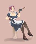  alva breasts cleavage copyright_request crossed_legs gloves green_eyes gun handgun highres holding holding_pipe kiseru large_breasts maid pantyhose pipe pistol purple_hair sitting solo trigger_discipline weapon 