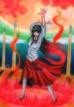  arm_up black_hair fire gradient_hair hairband highres long_hair magic melty_blood moon moonlight multicolored_hair noire-ighaan open_mouth pantyhose red_hair shoes skirt solo toono_akiha traditional_media tsukihime very_long_hair wind 