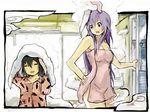  animal_ears black_hair bunny_ears closed_eyes impossible_towel inaba_tewi long_hair multiple_girls naked_towel pajamas purple_hair red_eyes reisen_udongein_inaba sergei_(pattundo) short_hair steam touhou towel towel_on_head 