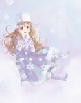  blonde_hair blue_eyes boots coat eyebrows fur_hat furayu_(flayu) hat highres k-on! kotobuki_tsumugi long_hair pantyhose sitting snow solo white_legwear winter winter_clothes 