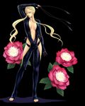  bare_hips blonde_hair bodysuit breasts center_opening cleavage fingerless_gloves fishnets flower gloves high_heels kasuga_(sengoku_basara) large_breasts long_hair midriff mth194 navel ninja sengoku_basara shoes solo toeless_legwear toes unzipped 