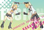  1girl blonde_hair brother_and_sister green_eyes hair_ornament hair_ribbon hairclip headphones headset kagamine_len kagamine_rin midriff navel necktie open_mouth parody ribbon sailor_collar short_hair shorts siblings symmetrical_hand_pose twins vocaloid xpizzeriax 