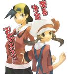  1girl alternate_costume backwards_hat baseball_cap bow brown_eyes brown_hair cabbie_hat gold_(pokemon) hat hat_ribbon hood hoodie kotone_(pokemon) overalls papapa928 pokemon pokemon_(game) pokemon_hgss red_ribbon ribbon short_twintails smile suspenders translation_request twintails 