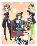  akiyama_mio aqua_legwear bare_shoulders black_legwear chair don't_say_&quot;lazy&quot; earrings green_legwear hands hat high_heels highres hirasawa_yui jewelry k-on! kotobuki_tsumugi legs maruyama mini_hat mini_top_hat multiple_girls pantyhose shoes sitting star striped striped_legwear tainaka_ritsu thighhighs tomboy top_hat vertical-striped_legwear vertical_stripes 