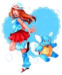  blue_(pokemon) boots brown_eyes brown_hair dada_(dolce) gen_1_pokemon hat heart long_hair loose_socks pleated_skirt pokemon pokemon_(creature) pokemon_(game) pokemon_frlg porkpie_hat skirt smile socks wartortle 