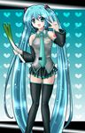  aqua_eyes aqua_hair hatsune_miku headphones laughing long_hair necktie solo spring_onion tattoo thighhighs twintails v very_long_hair vocaloid yukinyan 