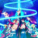  4boys abs b255 belt boota cape coat core_drill drill glasses glowing grin kamina kamina_pose kamina_shades kittan manly multiple_boys multiple_girls neon_lights nia_teppelin pointing pointing_up pose shirtless simon smile space space_yoko spiral_power star star_shades tengen_toppa_gurren_lagann viral yoko_littner 