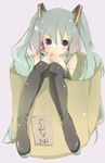  aqua_eyes aqua_hair bad_id bad_pixiv_id box hatsune_miku highres in_box in_container long_hair microphone monako smile solo thighhighs twintails vocaloid 