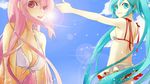  aqua_eyes aqua_hair bad_id bad_pixiv_id bikini chm day front-tie_top hatsune_miku lens_flare long_hair megurine_luka midriff multiple_girls pink_eyes pink_hair skirt sky smile sun swimsuit twintails vocaloid 