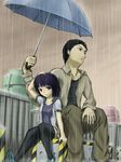  1girl bad_id bad_pixiv_id copyright_request holding holding_umbrella rain shared_umbrella sitting umbrella yasojima_nejiro 