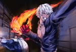  angry battle blood brown_hair cape choker_(pixiv) cross fire grey_eyes jacket k' leather leather_jacket male_focus maxima multiple_boys muscle pyrokinesis shoulder_pads the_king_of_fighters white_hair 