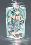  2d against_glass aqua_eyes aqua_hair bare_shoulders black_legwear blue_hair box breasts choker collarbone colored_eyelashes cross-laced_clothes dress fingerless_gloves frilled_gloves frills gloves gothic hatsune_miku headset high_heels in_box in_container long_hair mizubako_(vocaloid) ribbon small_breasts solo thighhighs twintails very_long_hair vocaloid 