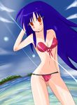  :o absurdres bandeau bikini blue_hair blush breasts cleavage day embarrassed eyelashes front-tie_top highres isaiah441570 light_rays long_hair medium_breasts open_mouth outdoors sky solo standing sunbeam sunlight swimsuit very_long_hair water wide_hips 