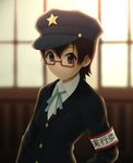  armband bad_id bad_pixiv_id brown_eyes brown_hair glasses hat k-on! manabe_nodoka peaked_cap red-framed_eyewear ribbon semi-rimless_eyewear short_hair siraha solo under-rim_eyewear 