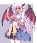  bag bat_wings breasts cellphone cleavage dark_skin demon_girl food horns large_breasts long_hair monster_girl mouth_hold nanakorobi_yaoki necktie original phone pocky purple_eyes purple_hair school_uniform skirt solo thighhighs wings zettai_ryouiki 