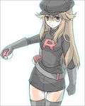  alternate_costume ass_visible_through_thighs belt black_dress black_legwear blue_(pokemon) breasts brown_hair cabbie_hat clothes_writing cosplay cowboy_shot dress grey_belt hat holding holding_poke_ball long_hair lowres medium_breasts miniskirt natsu315 pencil_skirt poke_ball poke_ball_(generic) pokemon pokemon_special serious sidelocks simple_background single_letter skirt solo team_rocket_uniform thighhighs turtleneck waist_poke_ball white_background zettai_ryouiki 