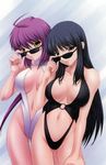  adjusting_eyewear ahoge black_hair breasts breasts_apart hiiragi_kaname hiiragi_tomoe large_breasts long_hair looking_over_eyewear multiple_girls navel nee_chanto_shiyou_yo! non-web_source one-piece_swimsuit purple_hair red_eyes shironeko_sanbou sunglasses swimsuit yellow_eyes 