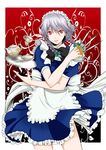  apron braid cup galaxy_blue hairband hands izayoi_sakuya knife md5_mismatch red_eyes short_hair silver_hair solo teacup teapot touhou tray twin_braids 