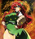  ahoge blue_eyes braid breasts china_dress chinese_clothes cleavage clenched_hands covered_nipples dress fighting_stance hat hong_meiling impossible_clothes impossible_shirt large_breasts long_hair no_bra no_panties red_hair ribbon shirt side_slit solo thighs toudori touhou twin_braids 